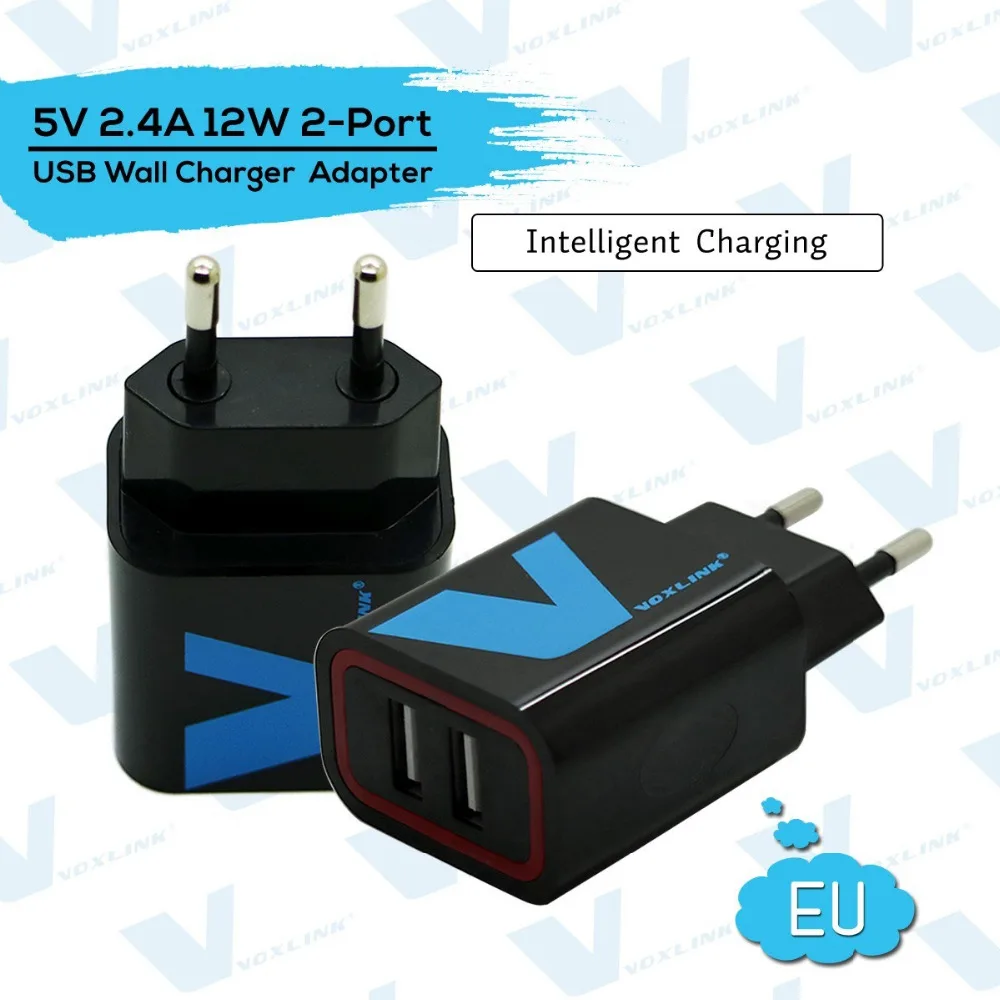 VOXLINK 2-портовое портативное зарядное USB устройство 5В/2.4А 12Вт интеллектуальное обнаружение и зарядка, черное (вилка EU)