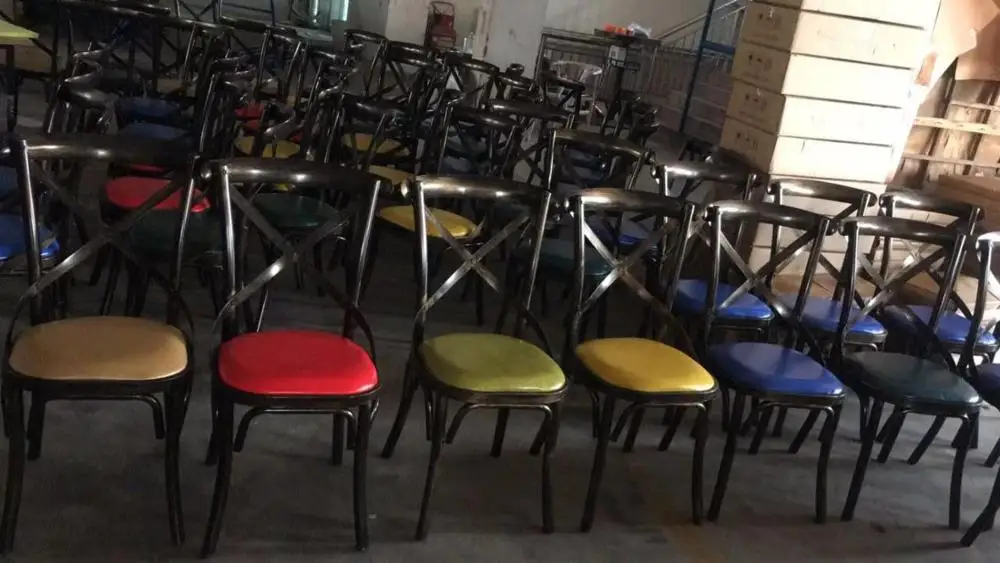 Colourful Stacking Metal Cross Back French Style Banquet X Back Dinning Chair With Leather Cushion For Wholesale
