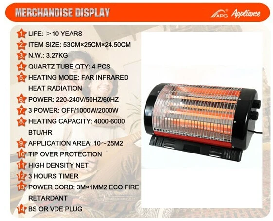 Portable 2000W 220-240V for home Bedroom  Living Room Freestanding Electric Patio Heater Quartz Heater