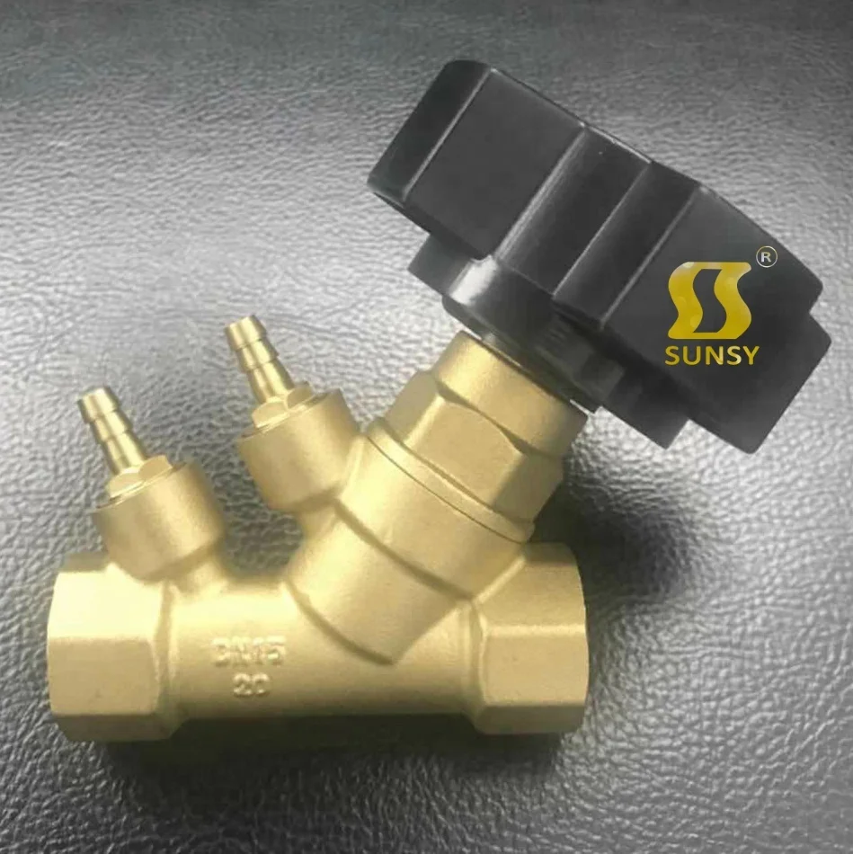 China Yuhuan shunshui sunsy factory BSP NPT forged female male thread brass balancing valve for water balance with black wheel