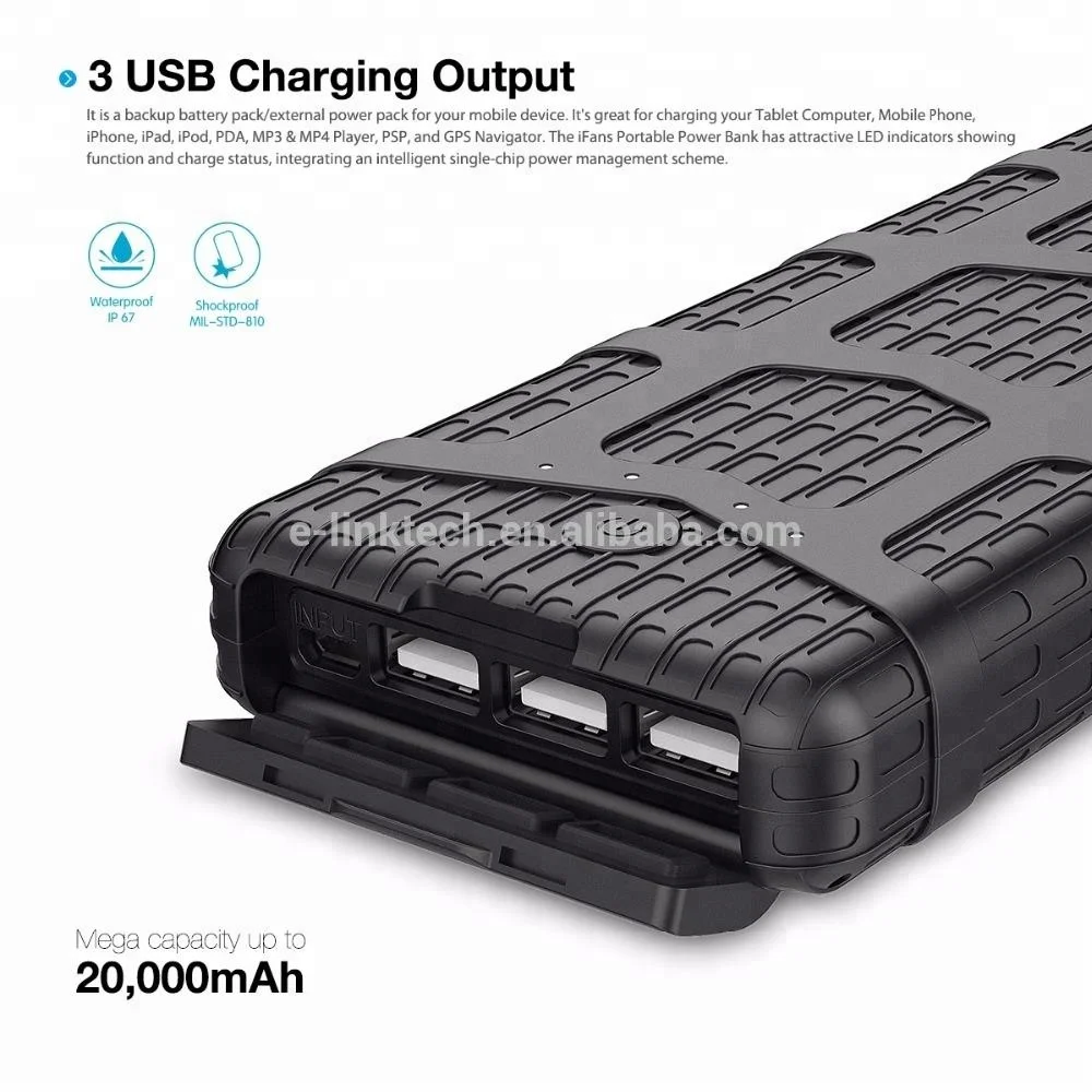 Waterproof IP67 backup disposable mobile charger Power bank with 20000mah battery cell for iphone Galaxy S7/S8