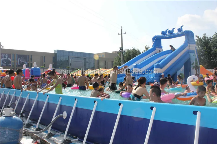 Hot Sale Amusement Park Metal / Steell Frame Swimming Pool With Water Slide, Inflatable Water Toys