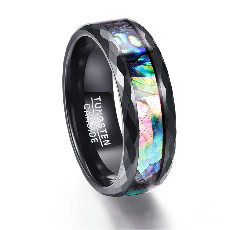 Wholesale 8mm IP Black Inlaid Shell Opal Dome Wedding Bands Tungsten Steel Rings For Men Jewelry