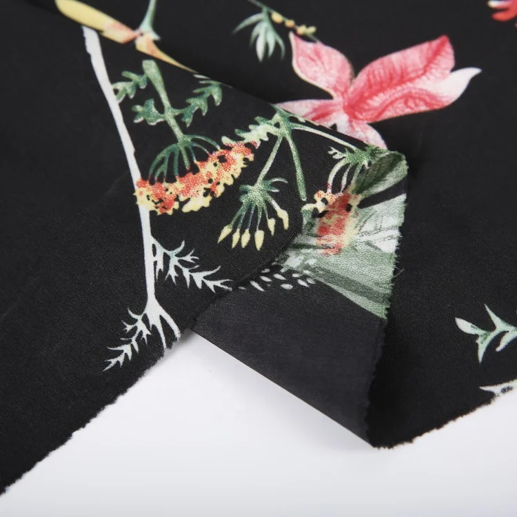Korean design shinny polyester women custom printed moss chiffon floral printed crepe fabric ready goods wholesale
