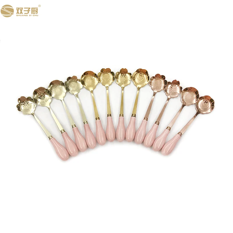 Ceramic Handle Stainless Steel Flower Shape Dessert Tea Small Spoon