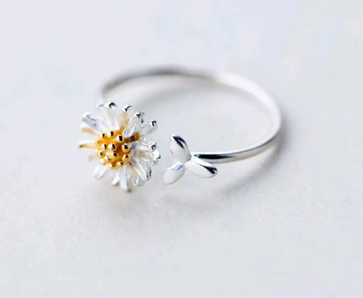 SR104-009 Halo simple open size elegant style gold daisy flower 925 sterling silver rings