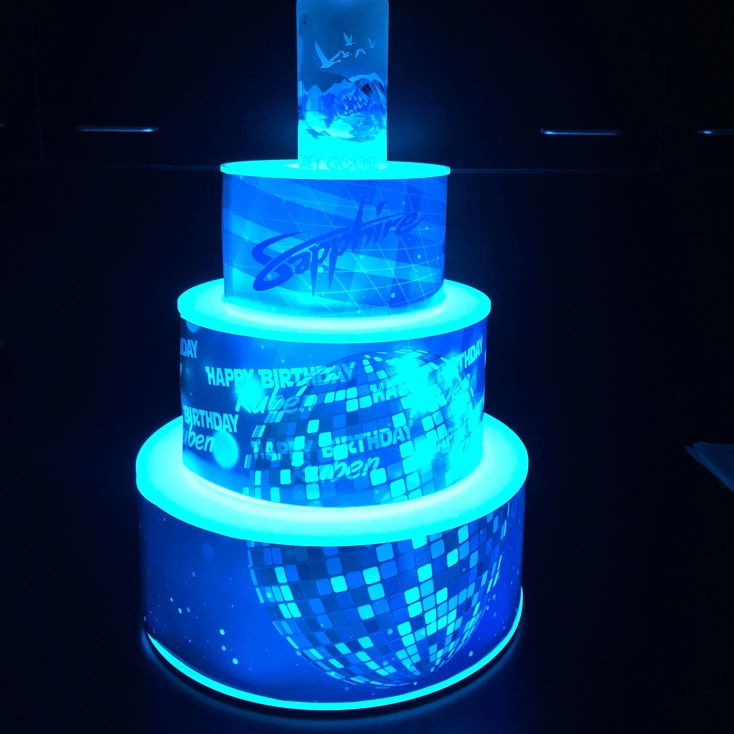 3 Tiers Glowing Wrapped Happy Birthday LED Cake Display Stand with Bottle Presenter Holder for Party Night Club