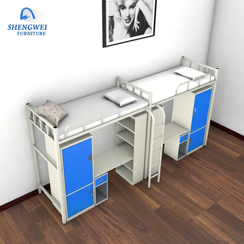 School modern design steel bed frame dormitory bunk bed with desk and wardrobe