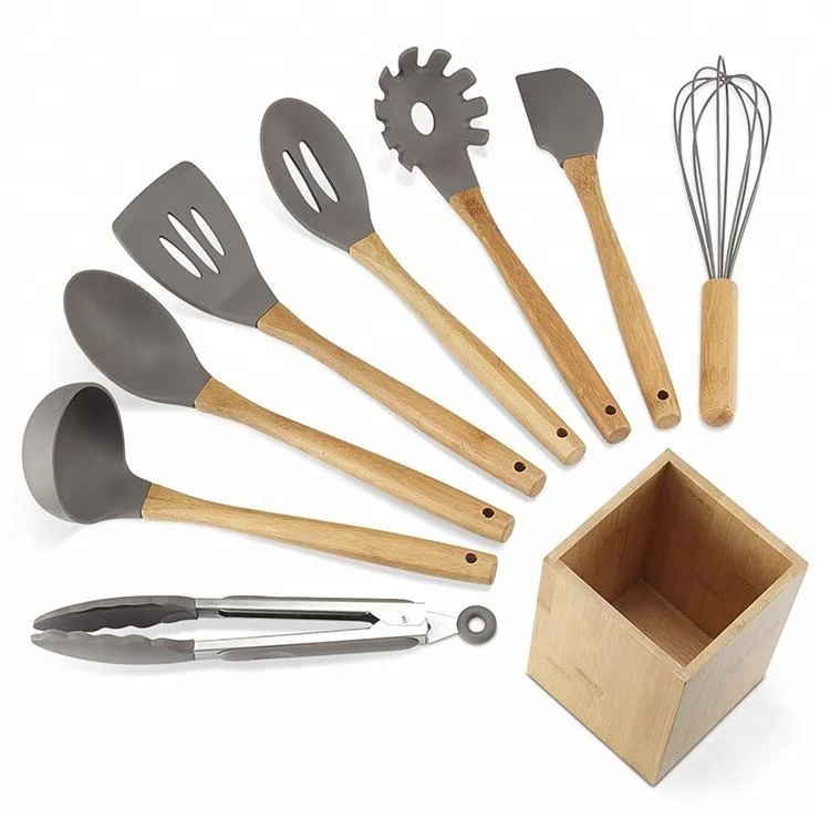 9 pieces set silicone kitchen utnesil set with bamboo handle  and holder  in stock