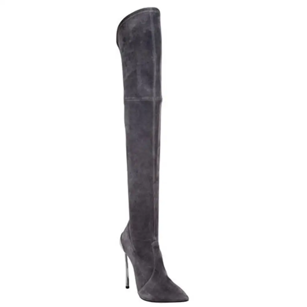 Simple Design Lady Metal High Heel Over Knee Boots Pointed Toe Stiletto Suede Thigh High Stretch Boots