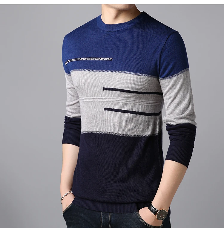 Мужской осенне-зимний тонкий акриловый вязаный джемпер в полоску с круглым вырезом