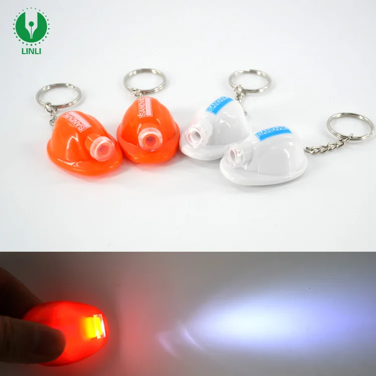 Giveaways Custom Logo Mini Plastic Light Up Led Helmet Keychain, Safety LED Flashlight Hat Keyring