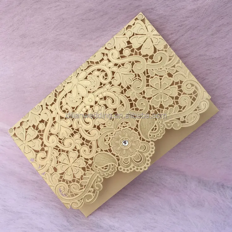 
Classic Ivory Pearl Light paper Emobossing and Laser Cut Lace Wedding Invitation 