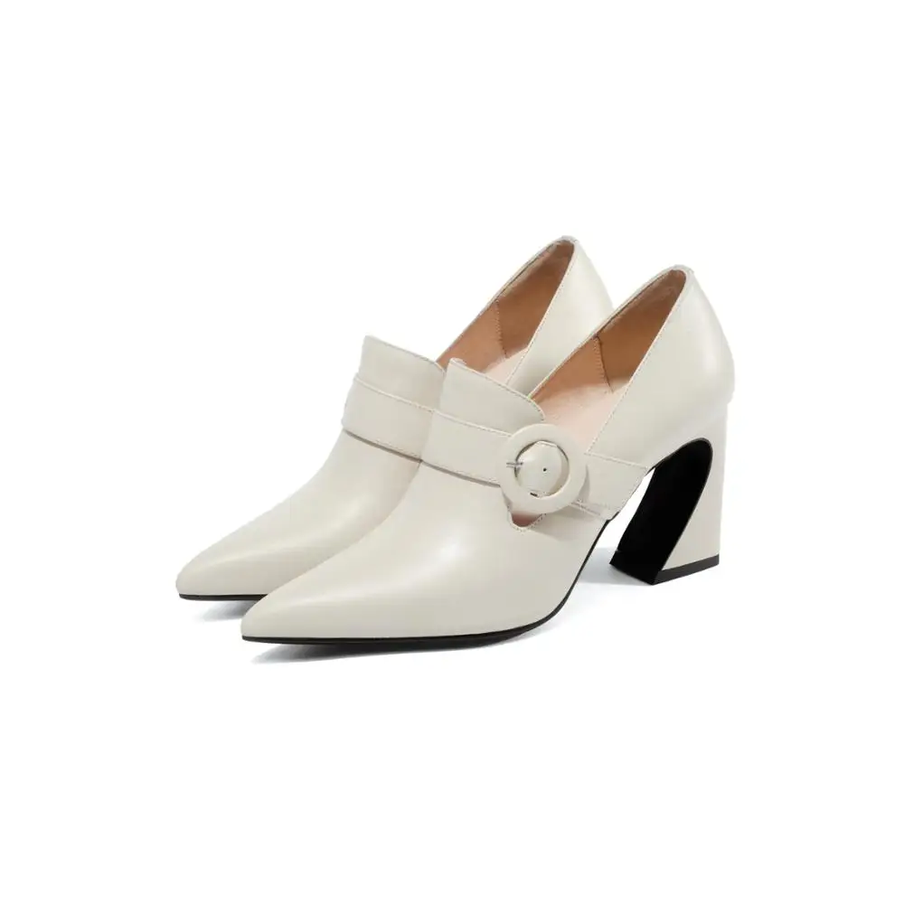 Fancy Design Women Footwear Hoof Heel Genuine Leather High Heels Shoes Buckle Strap Pointed Toe Pumps OEM Shoes