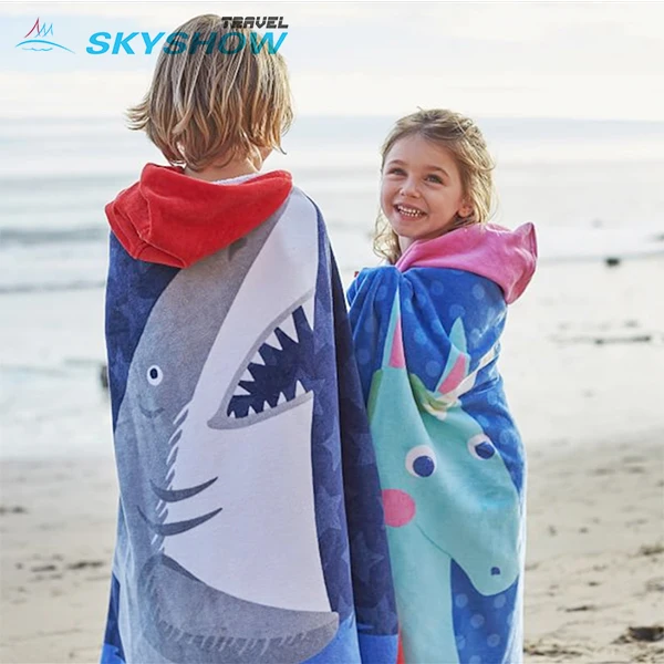 Quick Dry Suede Swimming Beach Bath Towels Kids Shark Towel Poncho Children Kid  Character Beach Towel With Hood Hooded