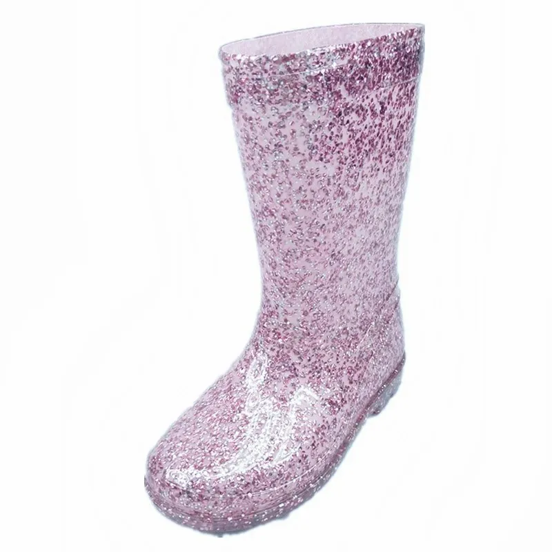 Hot Selling With Glitter Girls Lovely PVC Transparent Cheap Safety Kids Rain Boots