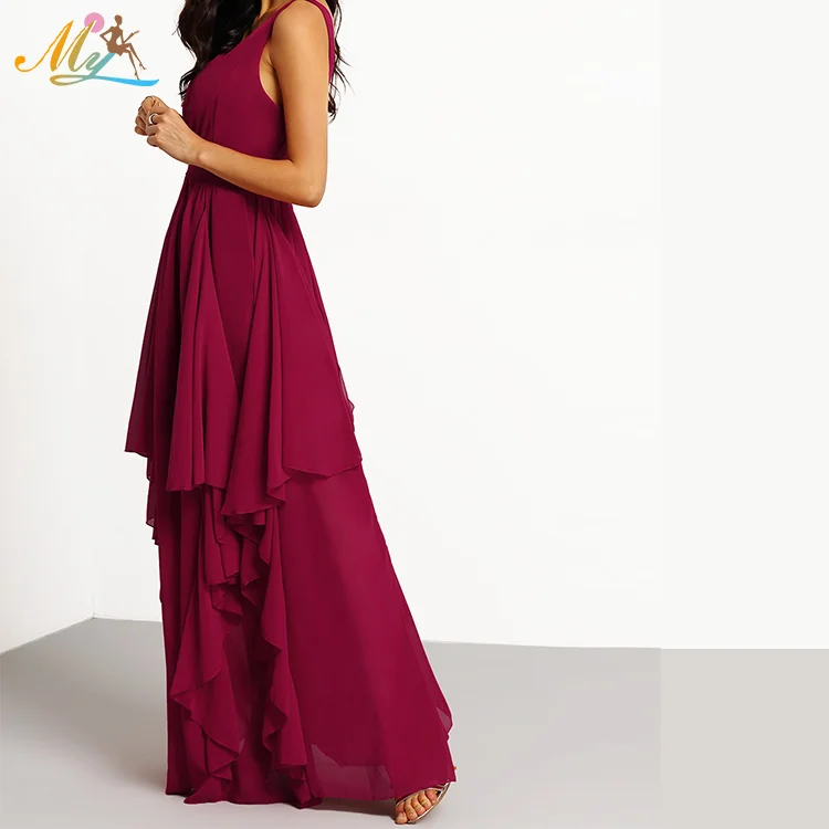 Summer sexy backless V-Neckline Ruffle Chiffon long evening party Dress for women