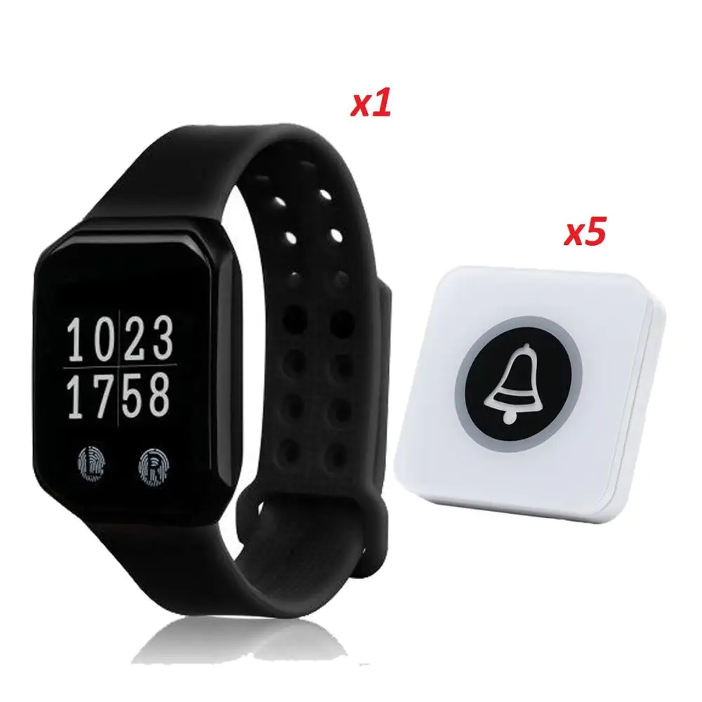 BYHUBYENG Беспроводная система вызова для ресторана Кафе-бар 1 часы + 5шт кнопки Waiter Sound пейджер часы