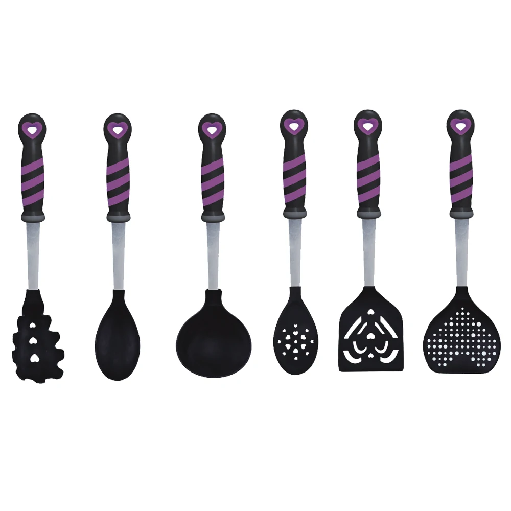 VEICA New Design Love Shaped 6-Pcs Home Cooking Tools Nylon Kitchen Utensils Set With Purple TPR + PP Handle