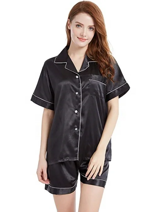 Womens Satin Silk Pajama Sets Short Sleeve Pyjama Sleepwear Homewear Night Wear Robe