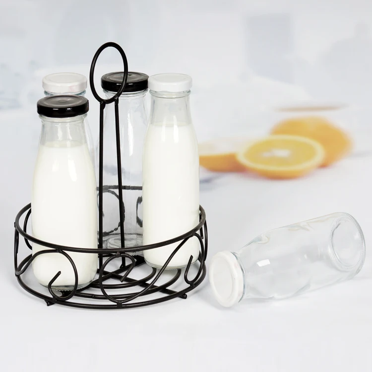 
glass milk set of 5, glasses with decal, glasses with rack 