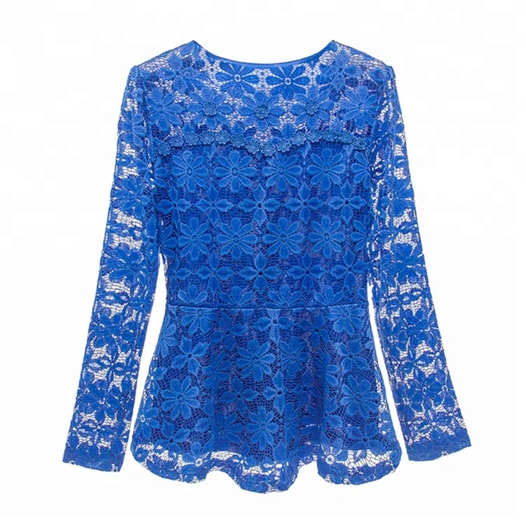 Fashion Woman Flounce Peplum Hollow Out Floral Lace Blouses