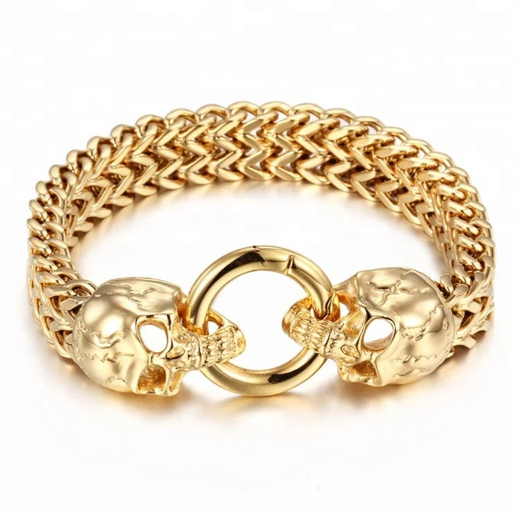 Cool punk 316l stainless steel real gold plated franco chain double lion head skull men bracelet