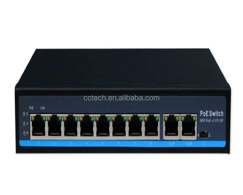 Desktop 250m 8 poe 2 utp uplink 10 port ethernet switch with 100w 120w power AC 100-240V
