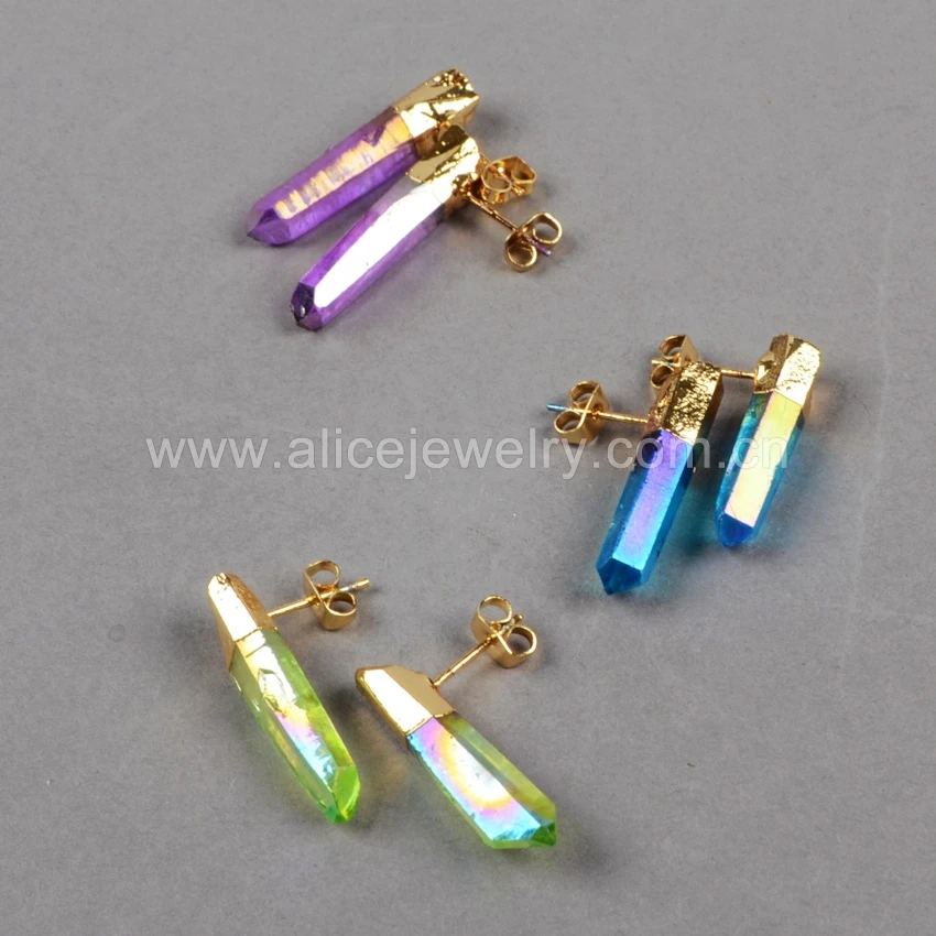 G0363 Good Quality Electroplated Stone Point Earrings, Stone Stud Earrings, Quartz Stone Earrings