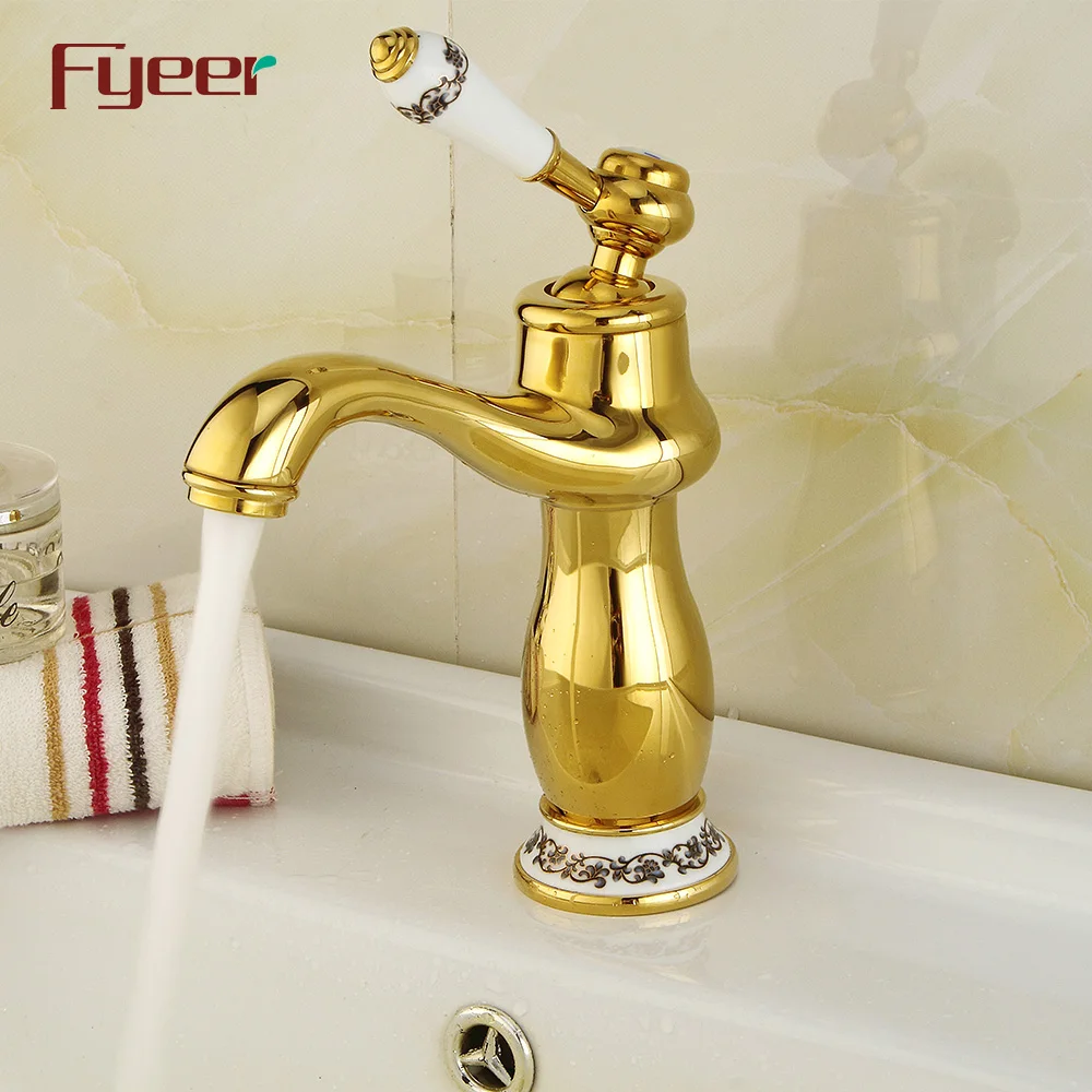 Fyeer Brass Body Golden Basin Mixer Taps with Ceramic Handle