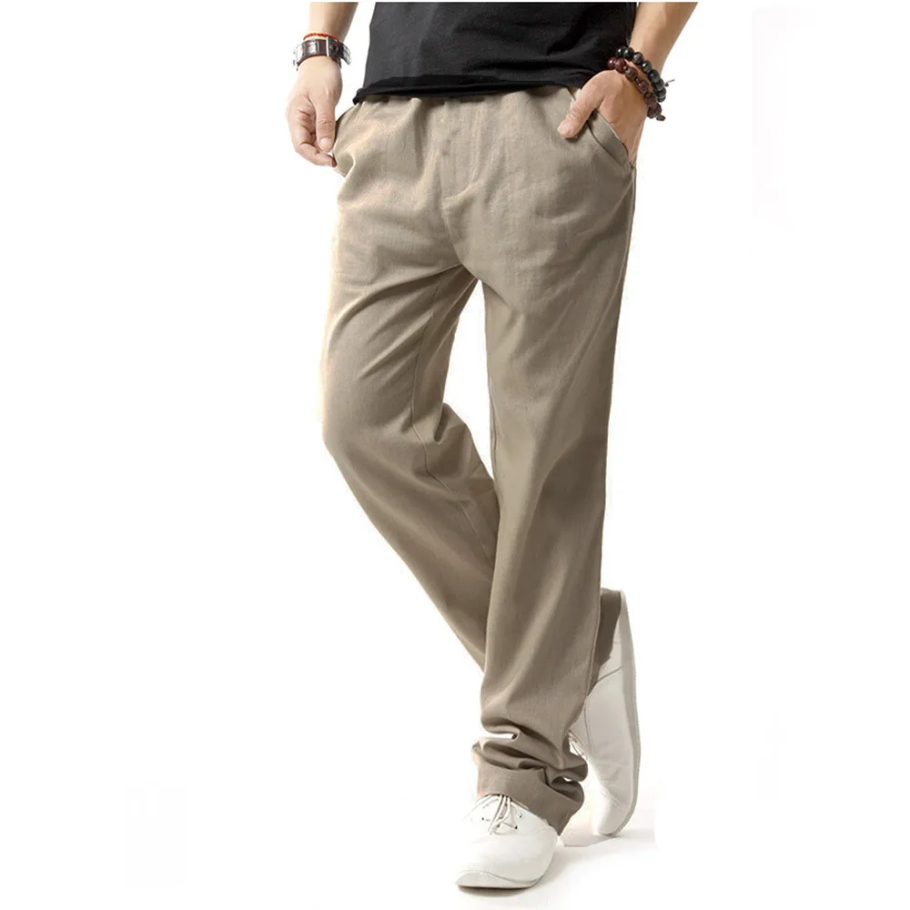 Classic Mens Casual Pants Lightweight Elasticated Waist Linen Trousers