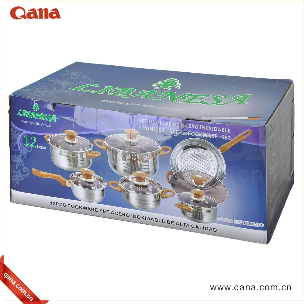 QANA Factory Wholesale OEM 12pcs induction cookware set stainless steel saucepan casserole frypan steamer salad bowl