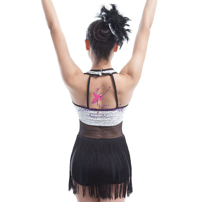 New Arrival of Girls Black/White Sequin and Mesh Dance Bodice with Black Tassel Skirt Jazz & Tap Dance Costume 16042