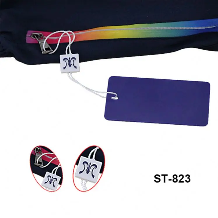 Wholesale custom hangtag string embossed custom logo lock garment own brand high quality seal tag hang seal tag plastic seal