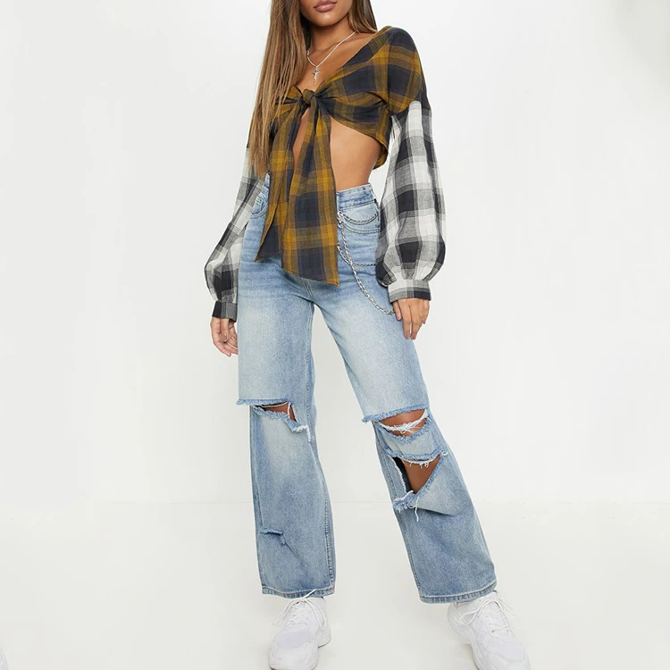 Manufactory custom new design contrast check long sleeve women crop shirt
