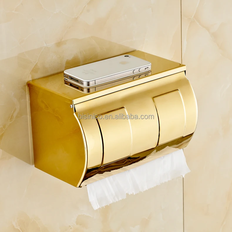 Fancy Design Water-Proof Bathroom Toilet Tissue Holder Box, Thick Gold Plated Roll Tissue Paper Holder