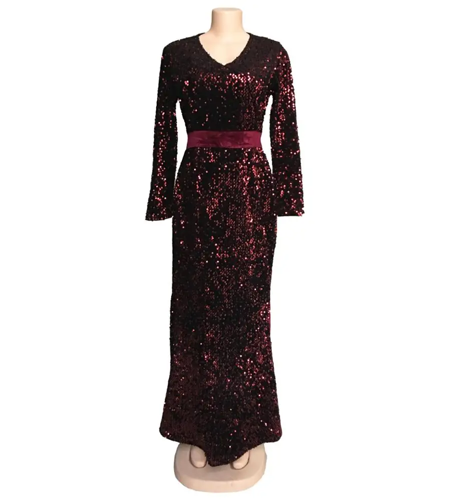A6054 Africa Europe hot sale V-neck long-sleeved gold velvet sequins floor length long fishtail dress