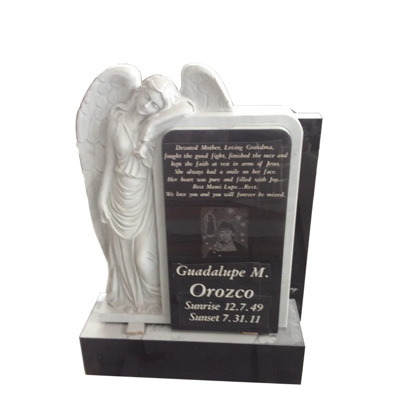 Black Granite Engraving Upright White Angel Wings Headstones Cemetery with Heart