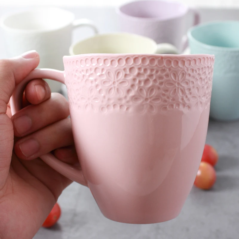 M013 12oz 360ml porcelain custom lace decorative ceramic embossed tea mug