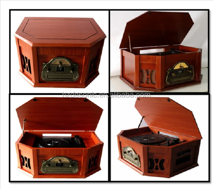 DS-168 Old Fashioned Vinyl Record wooden Turntable with CD Player Radio and Cassette