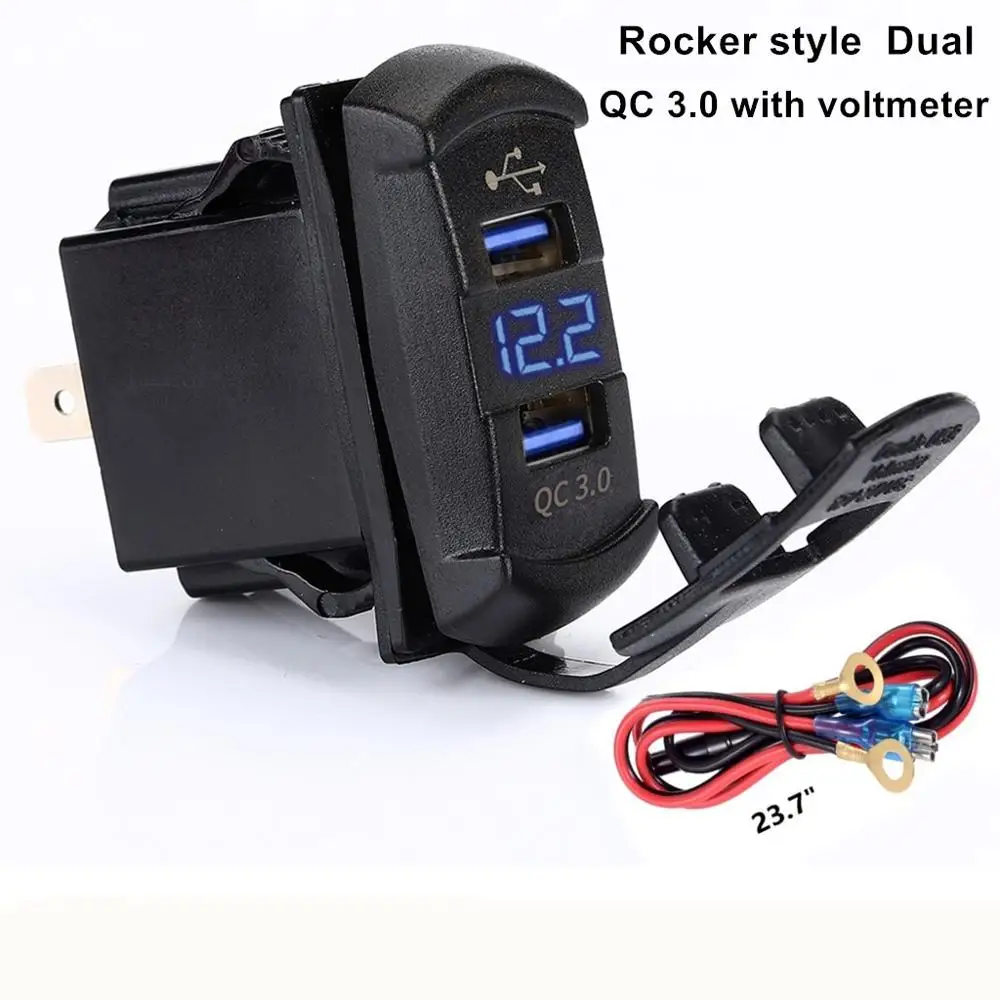 12V QC 3.0 Dual USB Rocker Switch Style Charger Blue Voltmeter for Boats CAR TRUCK MOTORCYCLE
