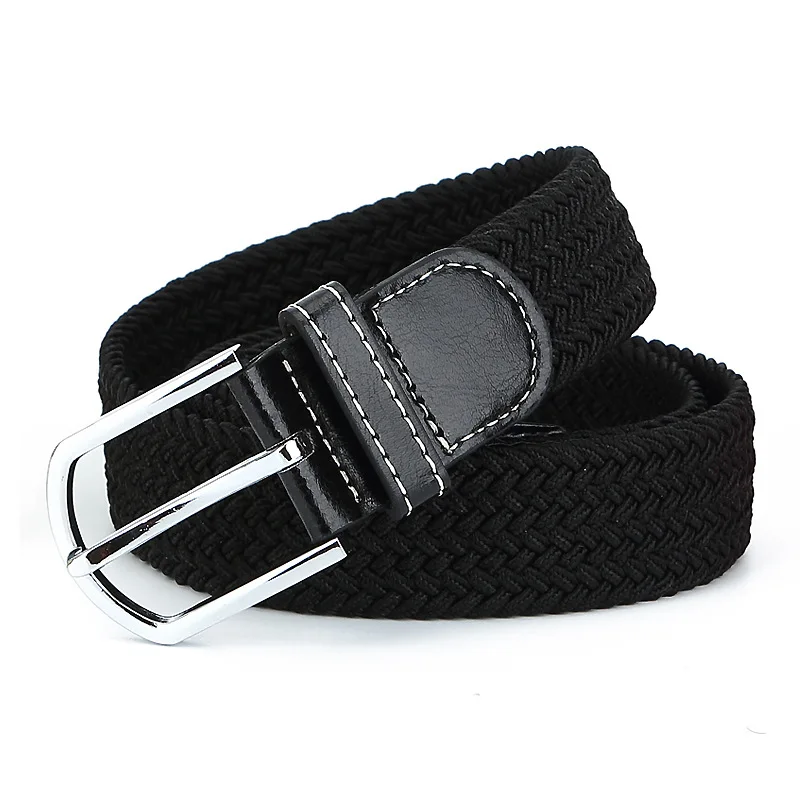 Unisex Canvas alloy buckle  Woven Men Elastic Stretch Waist Belt with  genuine leather end