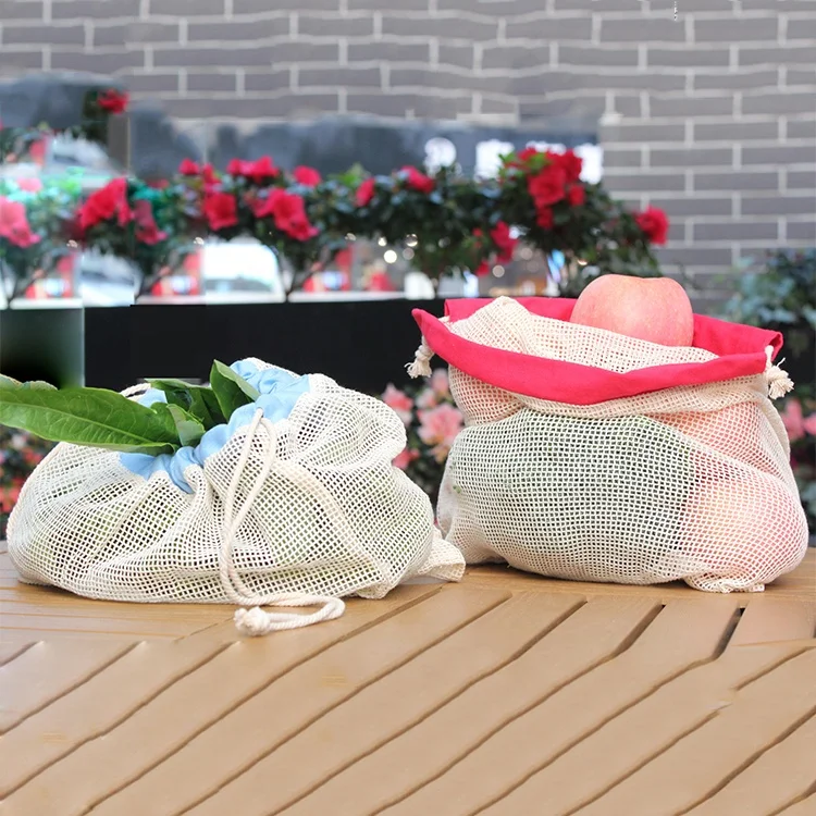 Eco-friendly custom Reusable Simple 100% Organic Cotton Mesh fruit vegetable Produce Bag with packaging boxes
