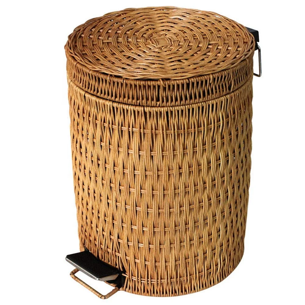 Bamboo Pedal Trash can,Round Simple Easy to Clean Garbage Can with Lid Home Living Room Bedroom Kitchen Bathroom Natural Paper B