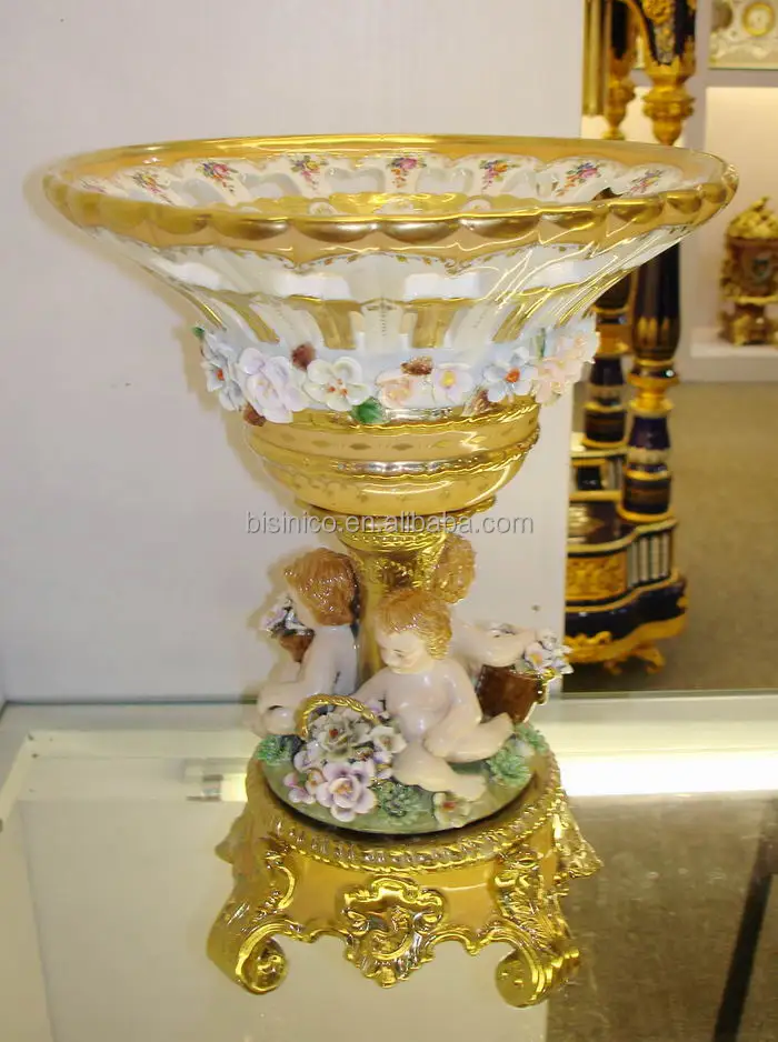 
Floral Design Ceramic Fruit Bowl with Gilt Copper Mounted and Base 