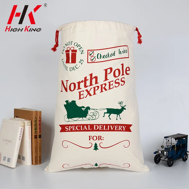 High King In Stock Competitive price silk screen Christmas santa sacks drawstring bag canvas