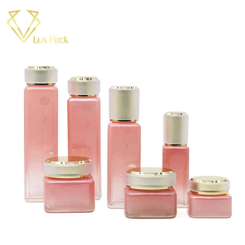 Top quality square pink cosmetic container glass bottles and fase mask jars