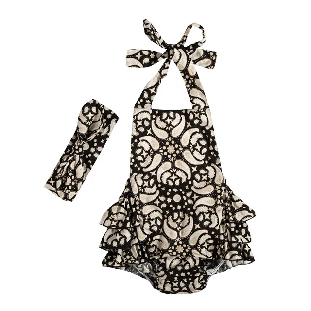 Cute Summer Sleeveless Baby Girls Clothes Halter Bodysuit Jumpsuit Cotton Romper With Headband