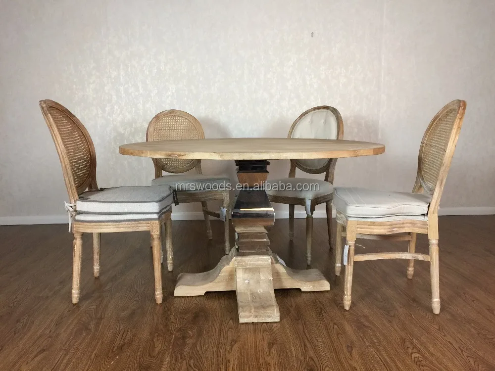 MRS WOODS Solid Oak Wood Top And Base With Stainless Steel Round Large Dining Table