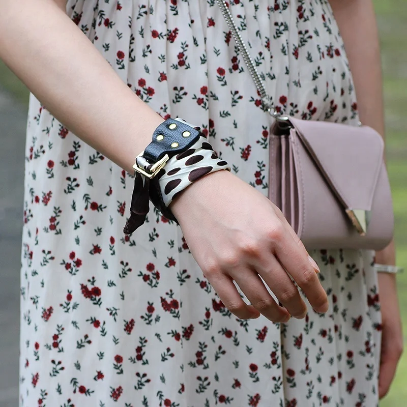 Womens fashon silk fabric scarf wrapped wristband leather buckled bracelet